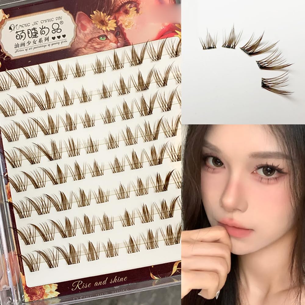 Brown No Glue Fox Eye Effect Fluffy Eyelashes Self Adhesive Reusable Thick Wings Extension Daily Use 9-13mm (Style 2)