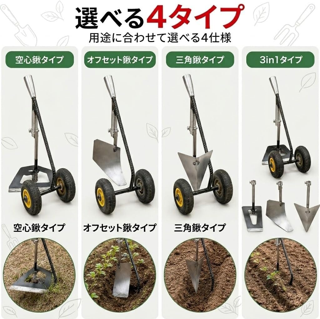 三角ホー 雑草抜き 家庭菜園 双輪手押し型鍬 マンガン鋼製ヘッド交換 畑作り土ほぐし 開溝培地対応 立ったまま使える根元処理 屋外農機具 温室まわり向け 3WAYガーデンツール 木柄別途用意(三角鍬タイプ)
