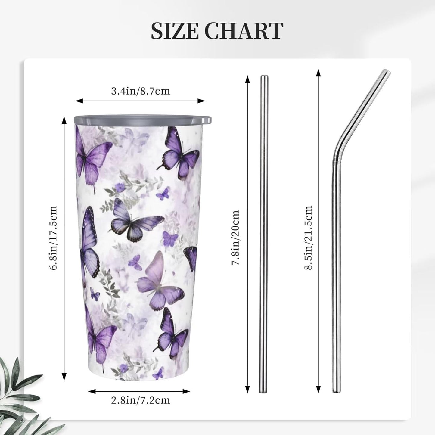 Vaso aislado de acero inoxidable de 20 onzas con tapa y pajilla, diseño vintage de mariposas florales, acuarela, taza de café, té, vino, botella de agua para mujeres y hombres