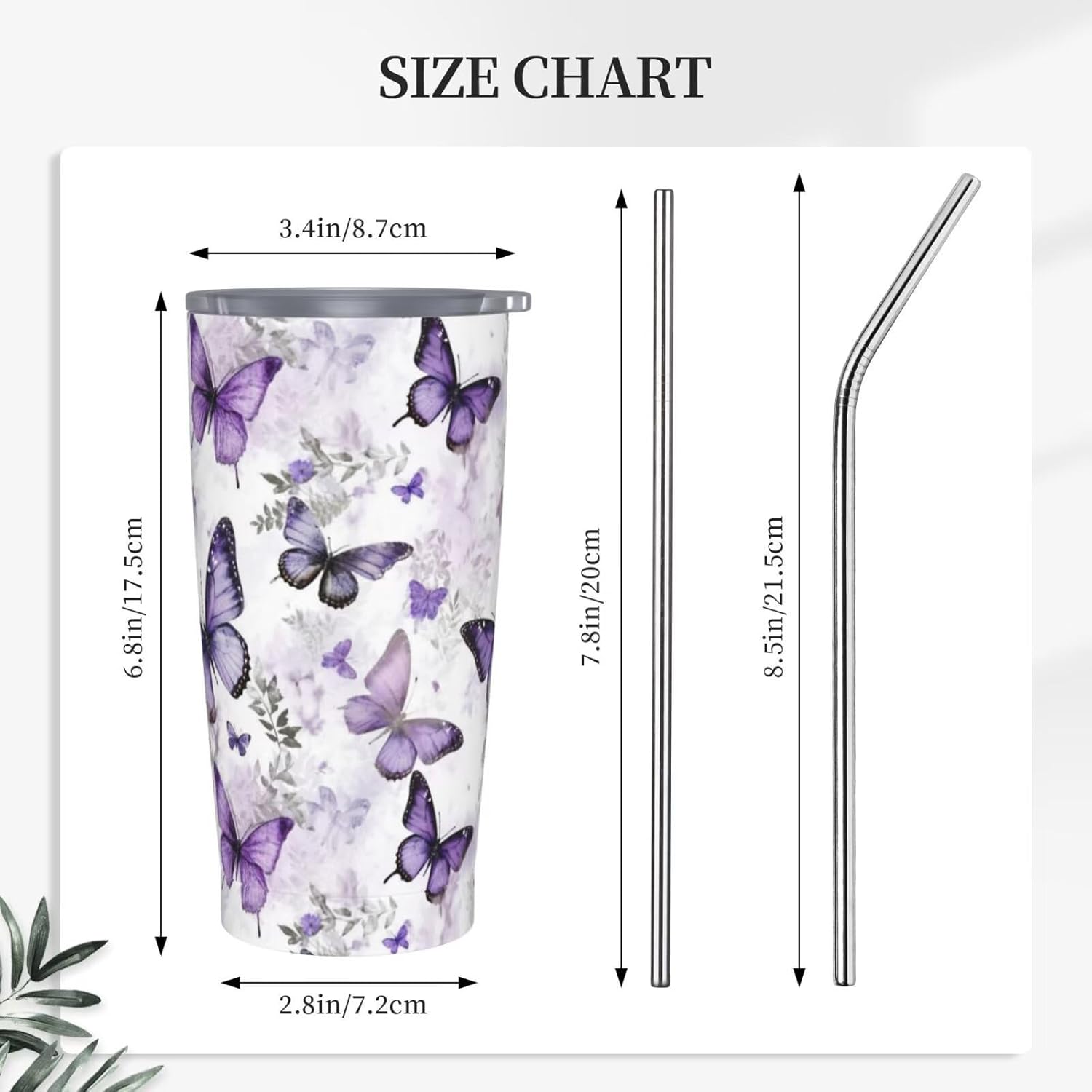 Vaso aislado de acero inoxidable de 20 onzas con tapa y pajilla, diseño vintage de mariposas florales, acuarela, taza de café, té, vino, botella de agua para mujeres y hombres