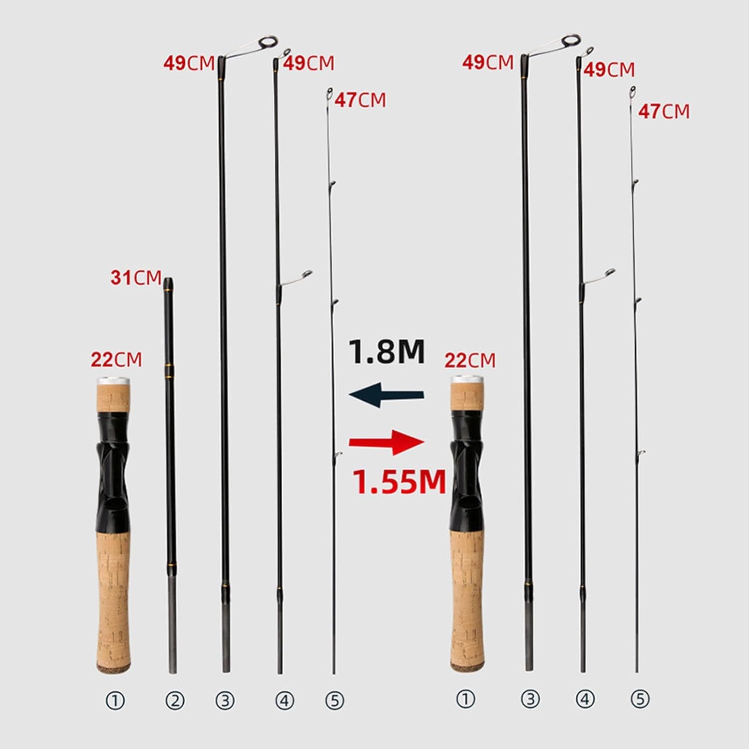 Milageto 5 Section Fishing Rod Casting and Spinning Rod Portable Carbon Fiber Fishing Rod Split Design for Surf, Xander, Bass