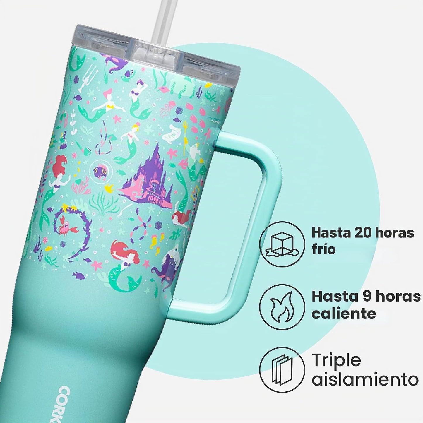 Corkcicle Cruiser - Vaso aislado con asa y pajilla, mantiene las bebidas frías 20 horas, triple aislamiento, regalo de verano, mantiene las bebidas heladas, 40 onzas, Princesa Ariel