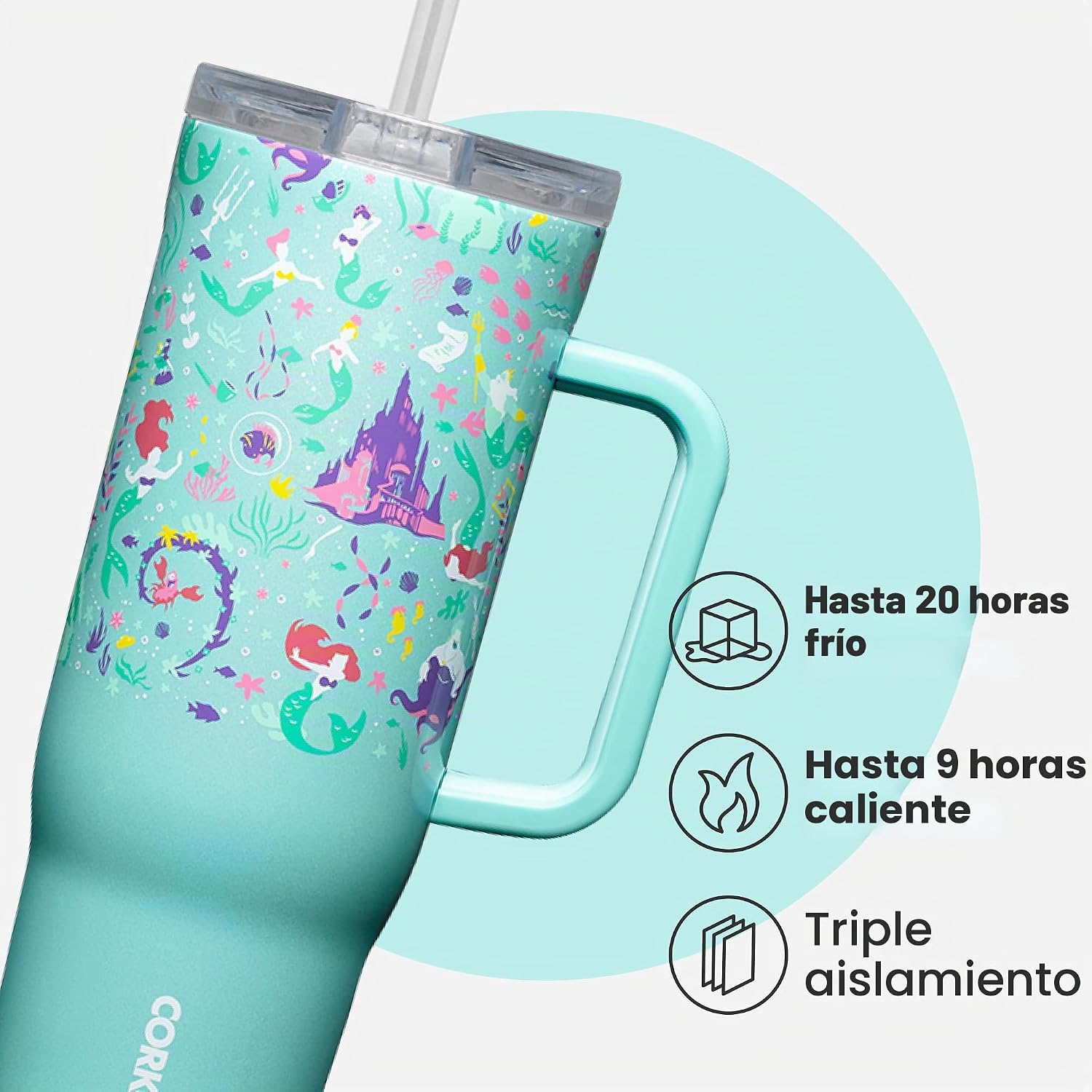Corkcicle Cruiser - Vaso aislado con asa y pajilla, mantiene las bebidas frías 20 horas, triple aislamiento, regalo de verano, mantiene las bebidas heladas, 40 onzas, Princesa Ariel