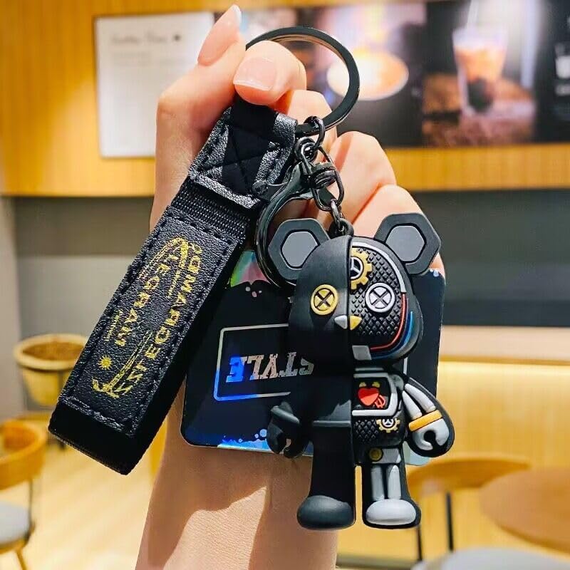 [AIXUAN] Men Women Boys Girls Cool Semi Machine Body Standing Bear Keychain Christmas Gift Animal Pendant Metal Keychain (Black)