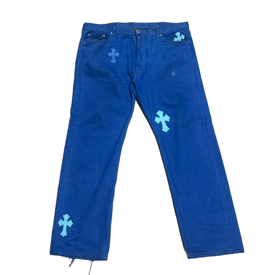 CHROME HEARTS 'LONDON EXCLUSIVE BLUE CROSS PATCH' JEANS