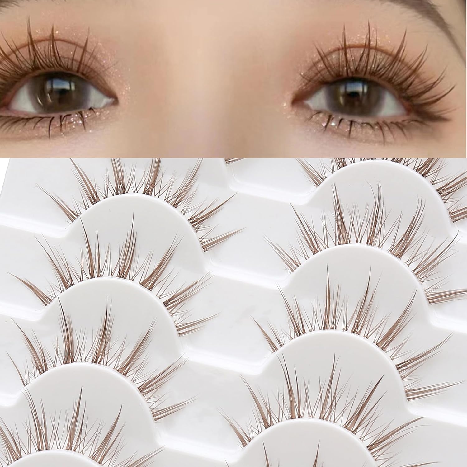 10 Pairs Brown False Eyelashes Clear Band Cartoon False Eyelashes Japanese Anime Cosplay Brown Eyelashes Asian False Eyelashes Natural Look Like Individual Cluster (X9)