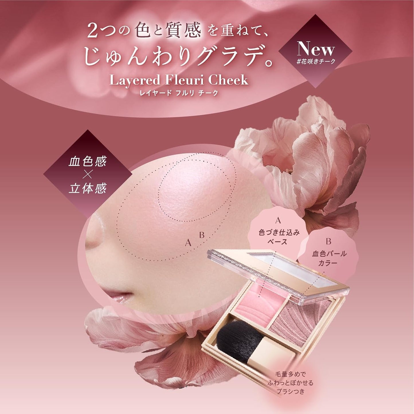 Visee Layered Fleuri Cheek, PK-2 Verbena Pink, 0.2 oz (5.8 g), Glossy, Blood Tone, Collagen, Hyaluronic Acid, Moisturizing, Pink Color
