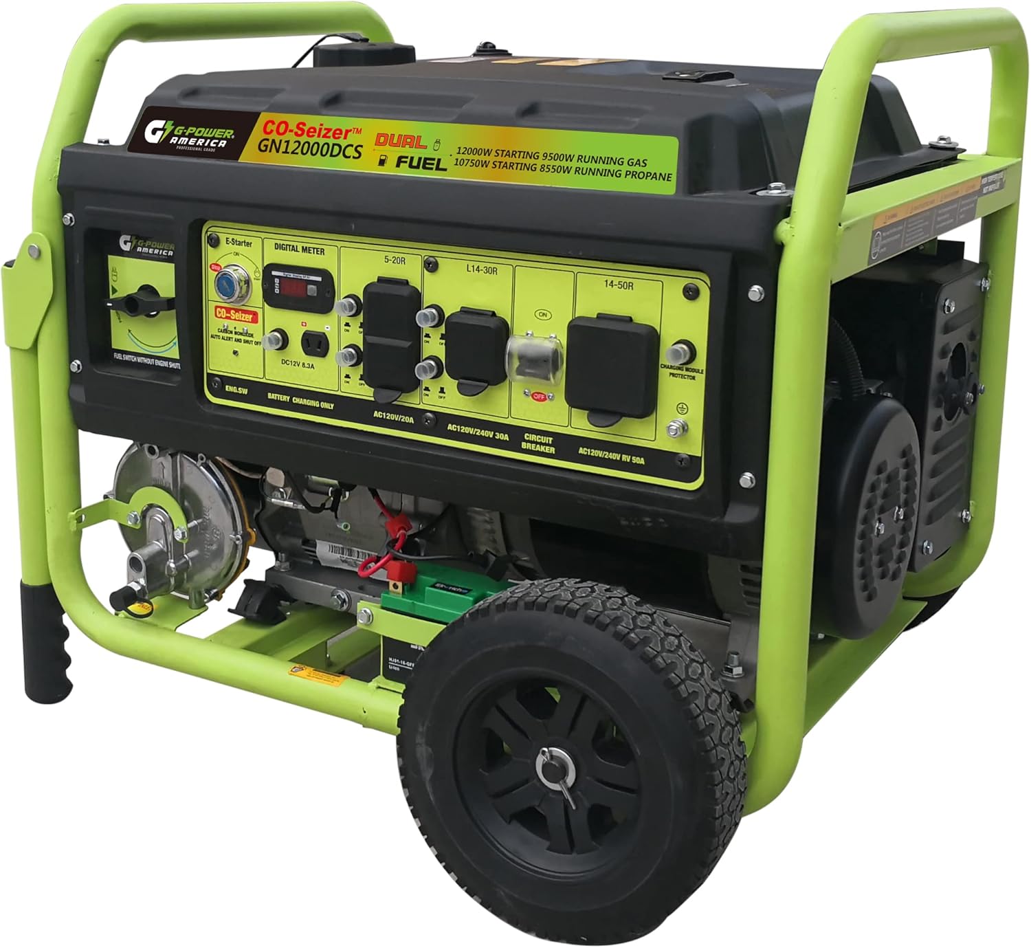 Green-Power America 12000 Watt Dual Fuel Portable Generator, Gas or Propane Power Source, Recoil Start with CO Protection System, 49 State Approved