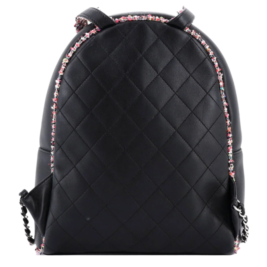 CHANEL 'ELEGANT TRIM' QUILTED LEATHER TWEED NAVY BACKPACK