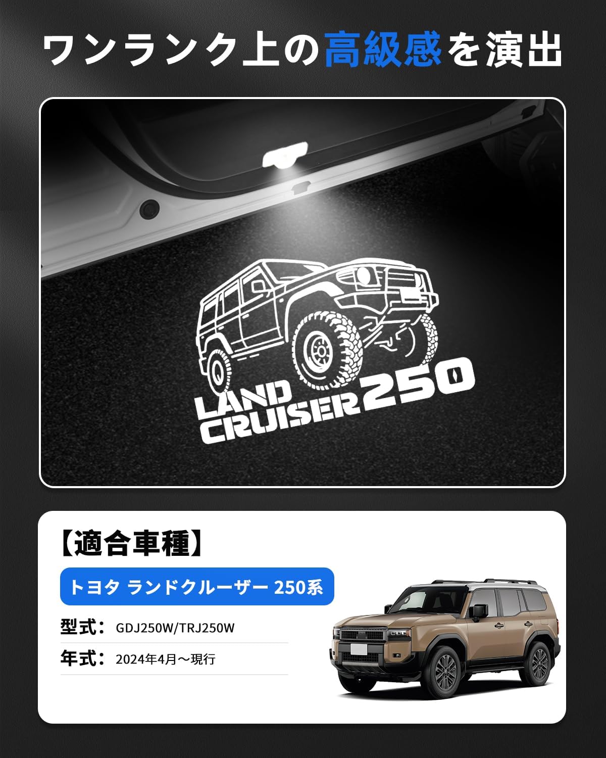 Toyota New Rank Land Cruiser 250 Courtesy Lamp LED Courtesy Light with Laser Logo TRJ250W/GDJ 250W Type 5 Seater 7 Seater April 2024 - Present Door Welcome Light Exclusive Design Genuine