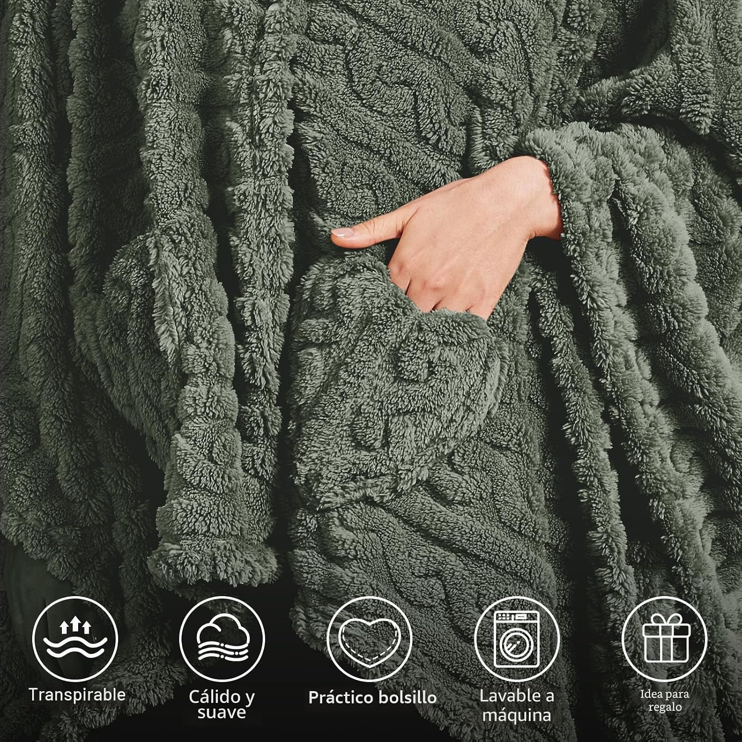 Manta de Poncho para adulto, acogedora manta de forro polar Sherpa con bolsillos para la oficina y el salón (verde, 58 x 64 pulgadas)