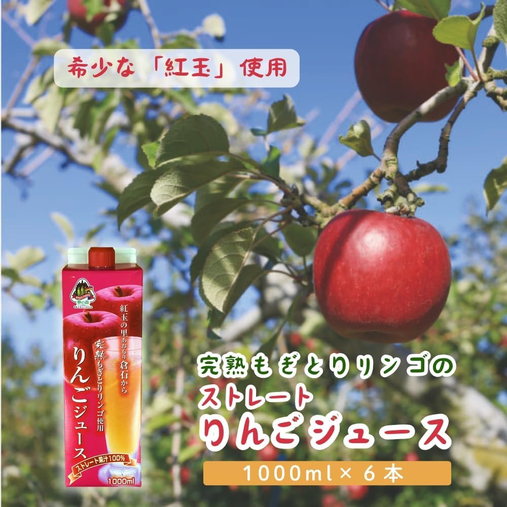 Hachinohe Central Fruit 100% Straight Apple Juice 1000ml x 6 Bottles [Made with Aomori Prefecture Gonohe Red Apples]