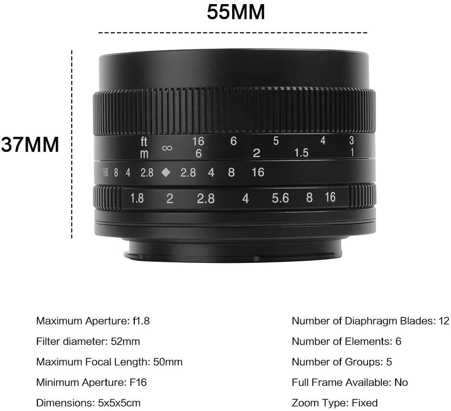 7artisans 50mm F1.8 APS-C Manual Focus Lens for Compact Mirrorless Cameras for Canon M1 M2 M3 M5 M6 M10 EOS-M Mount Black