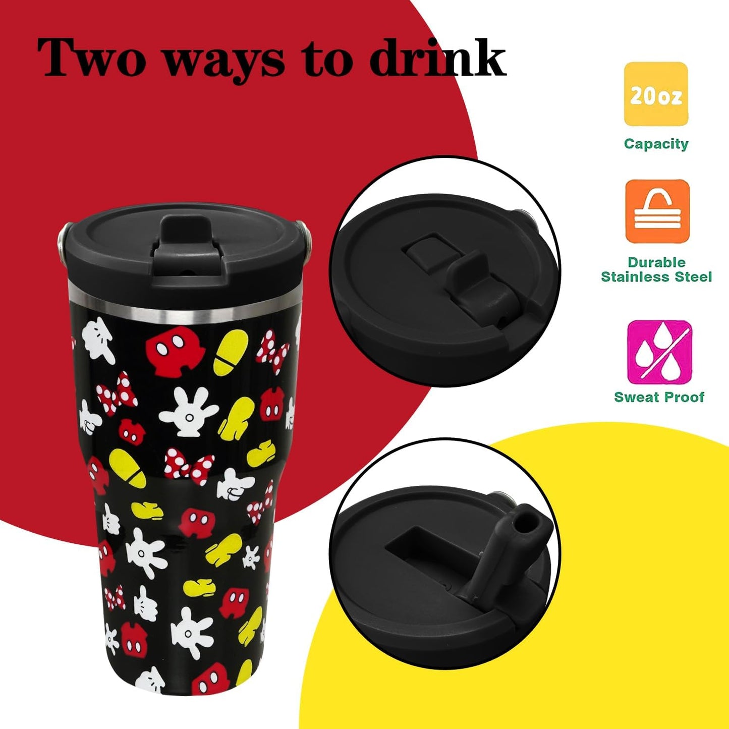 Taza de dibujos animados de ratón de 20 oz con tapa y popote abatible de acero inoxidable aislado con asa superior en la parte superior, color negro, taza de café para viajes - Regalo de
