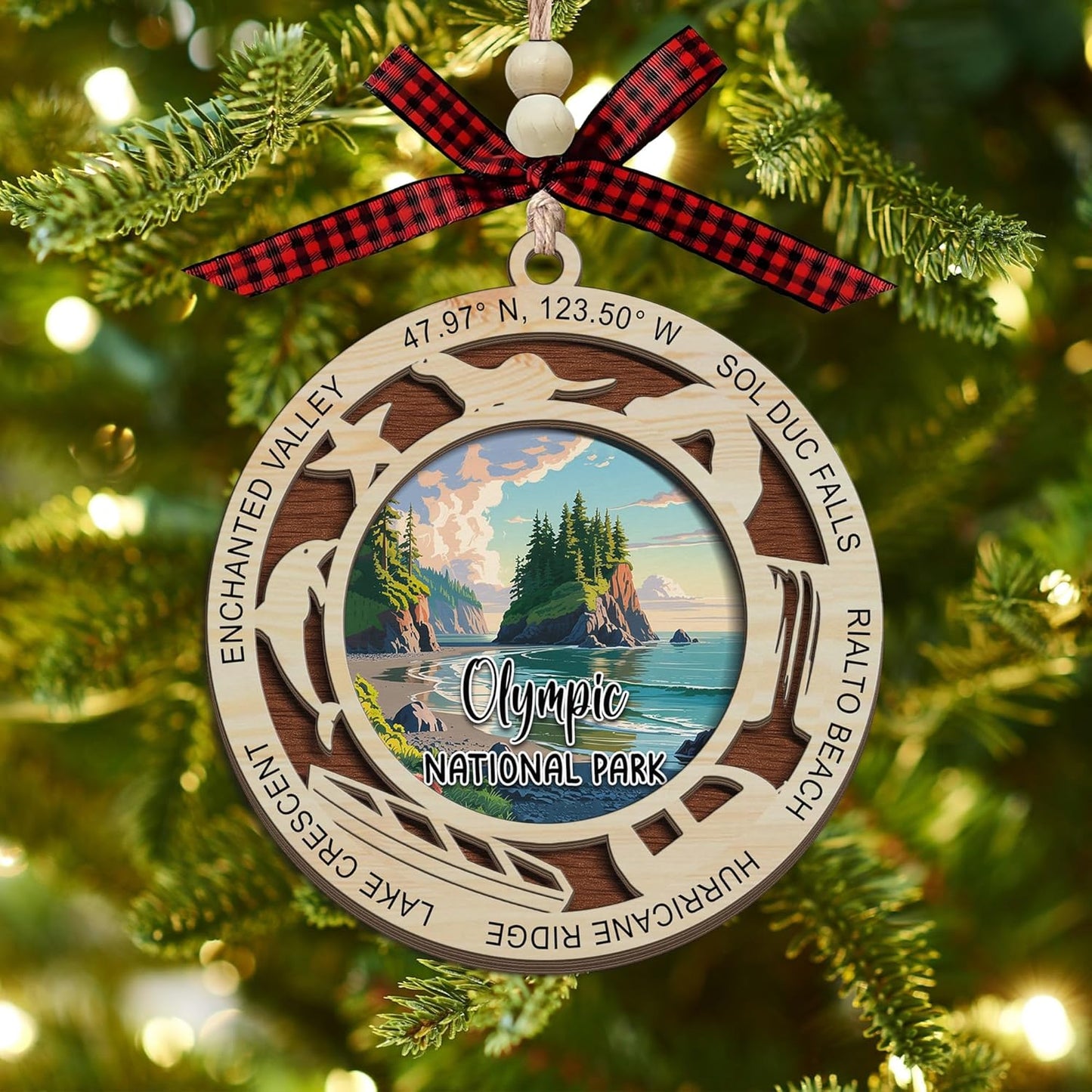 Adorno de Navidad del Parque Nacional Olímpico, diseño de madera cortado con láser de 2 capas, decoración de árbol de vacaciones, regalo de recuerdo de viaje, selva tropical, glaciar y playa