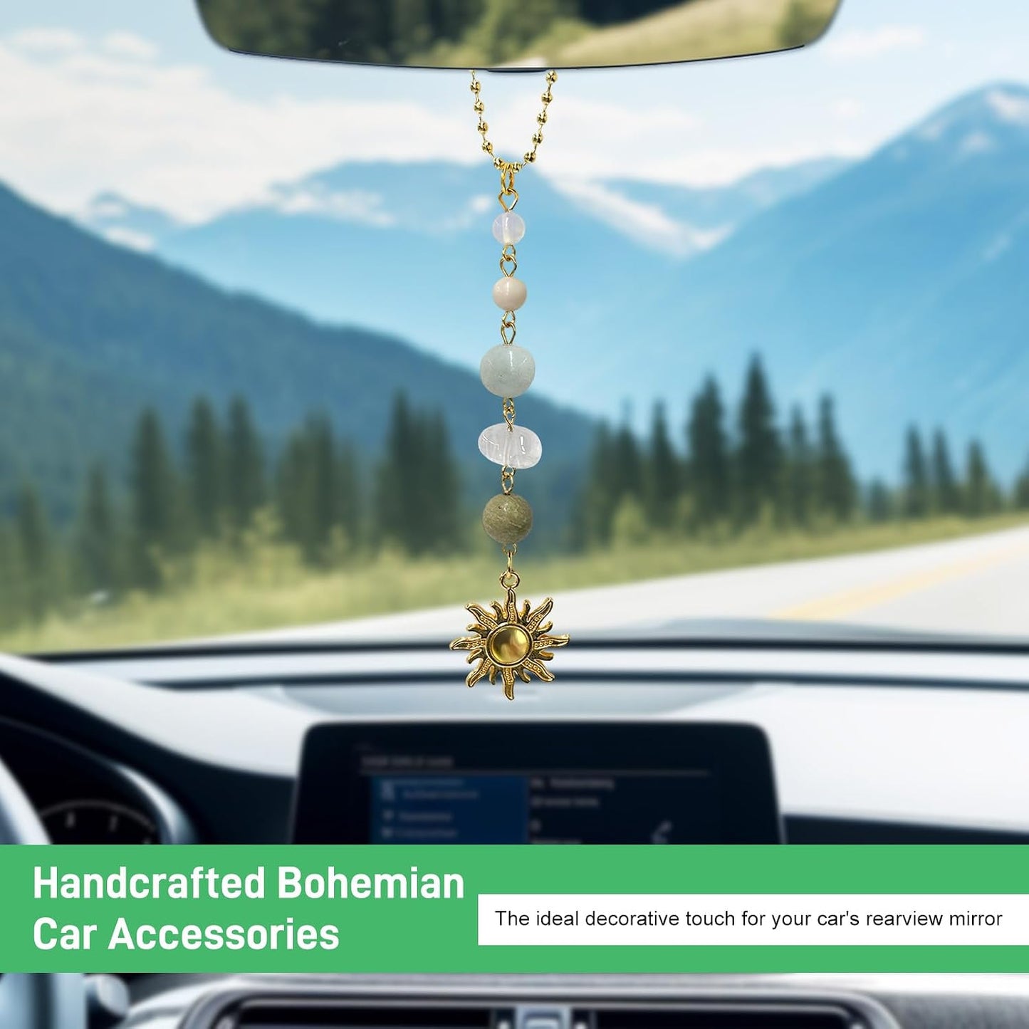 Sun Hanging Car Charm, Cute Boho Dangling Auto Rear View Mirror Pendant Sun Decor, Handmade Vehicle Mirror Hanging Ornament with Healing Crystals Stones for Women Men (Green)