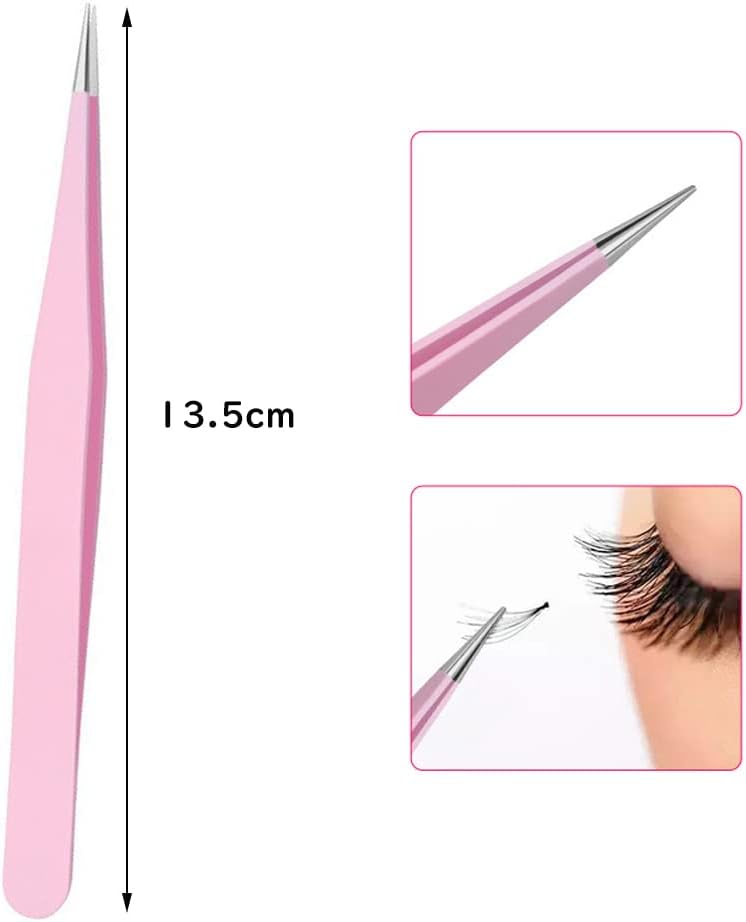 Samcos Eyelash Tweezers Pink Straight Stainless Steel Fine Work False Eyelash Tweezers Set of 2
