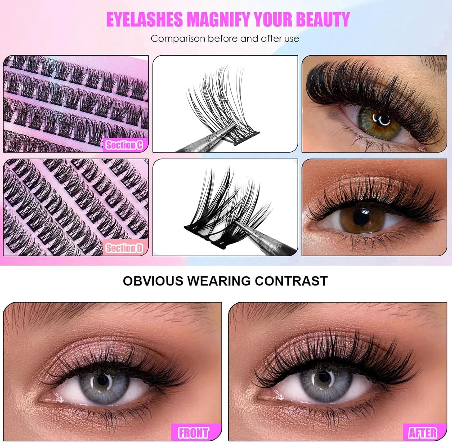 Eyelash Extension Kit, 150 PCS 30D+40D Mix Lash Clusters False Eyelashes with Lash Bond and Seal for DIY Lash Extension Kit (Pink,A)