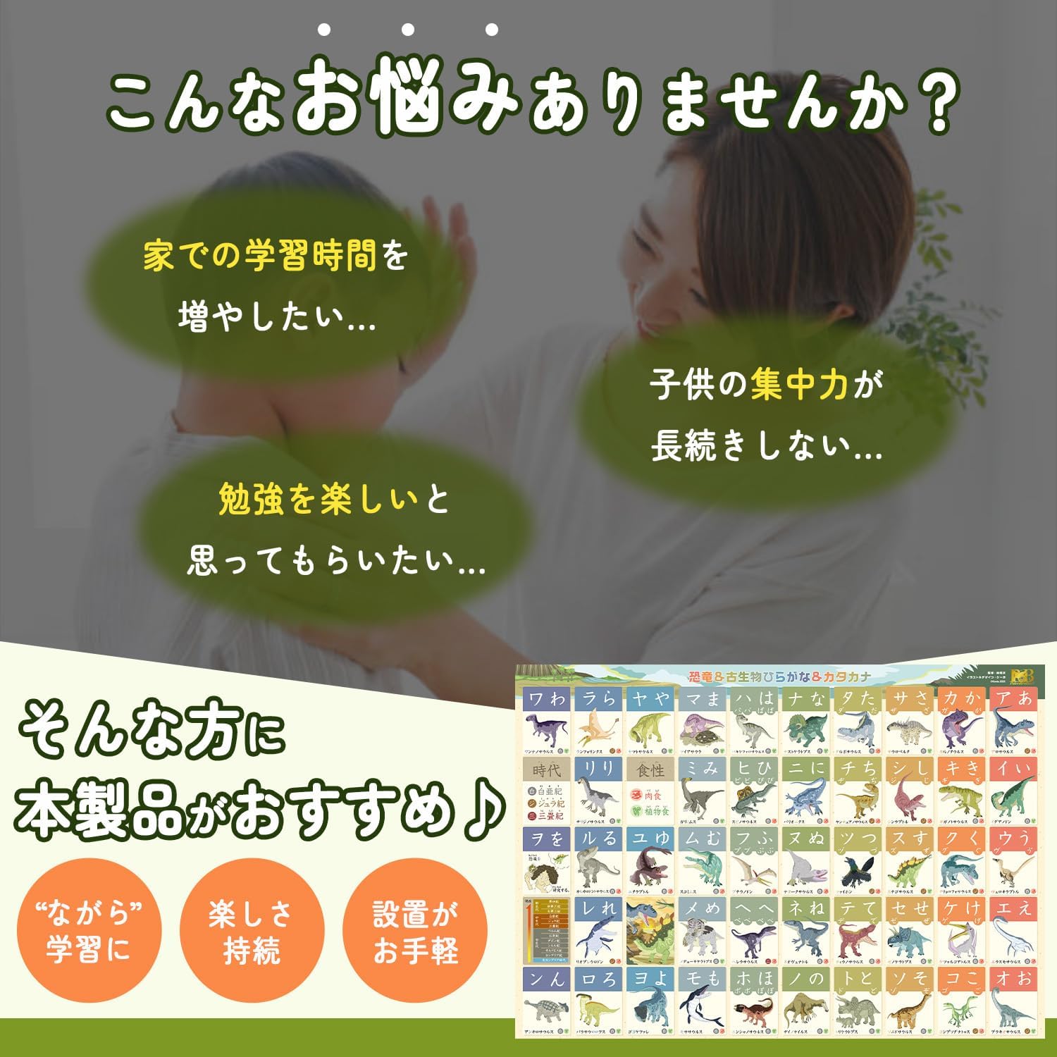 Bathroom Learning Poster: Hiragana, Katakana, ABC (⑥ Dinosaur Hiragana, Katakana (Medium 16.5×11.8 inches))