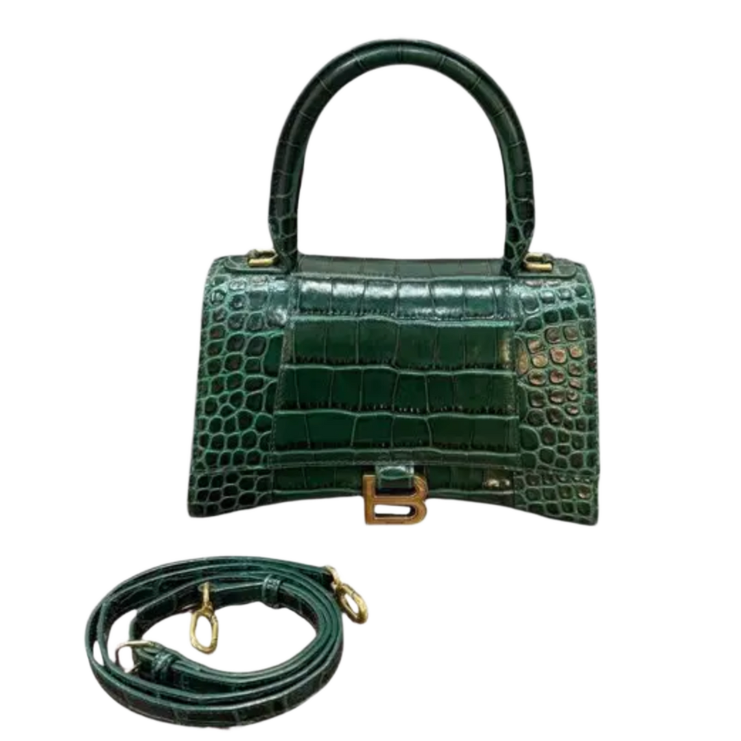 BALENCIAGA HOURGLASS XS 'CROCODILE EMBOSSED CALFSKIN' LEATHER GREEN HANDBAG