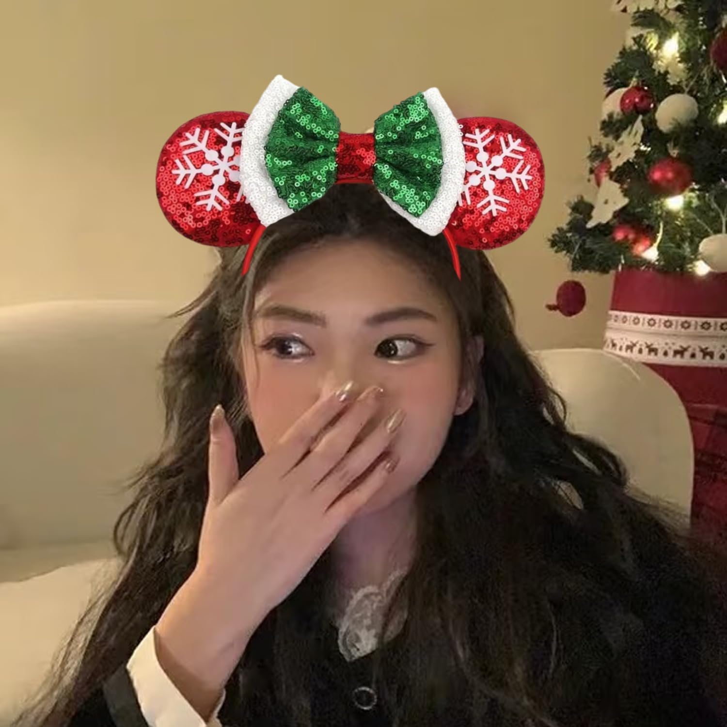 Pink Minnie Ears Headband Hair Band for Women Girls Fashion Design (Red Christmas Flake)