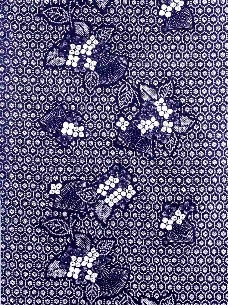 Yukata Fabric No.342, Dark Blue, Hydrangea, Turtle Shell Pattern