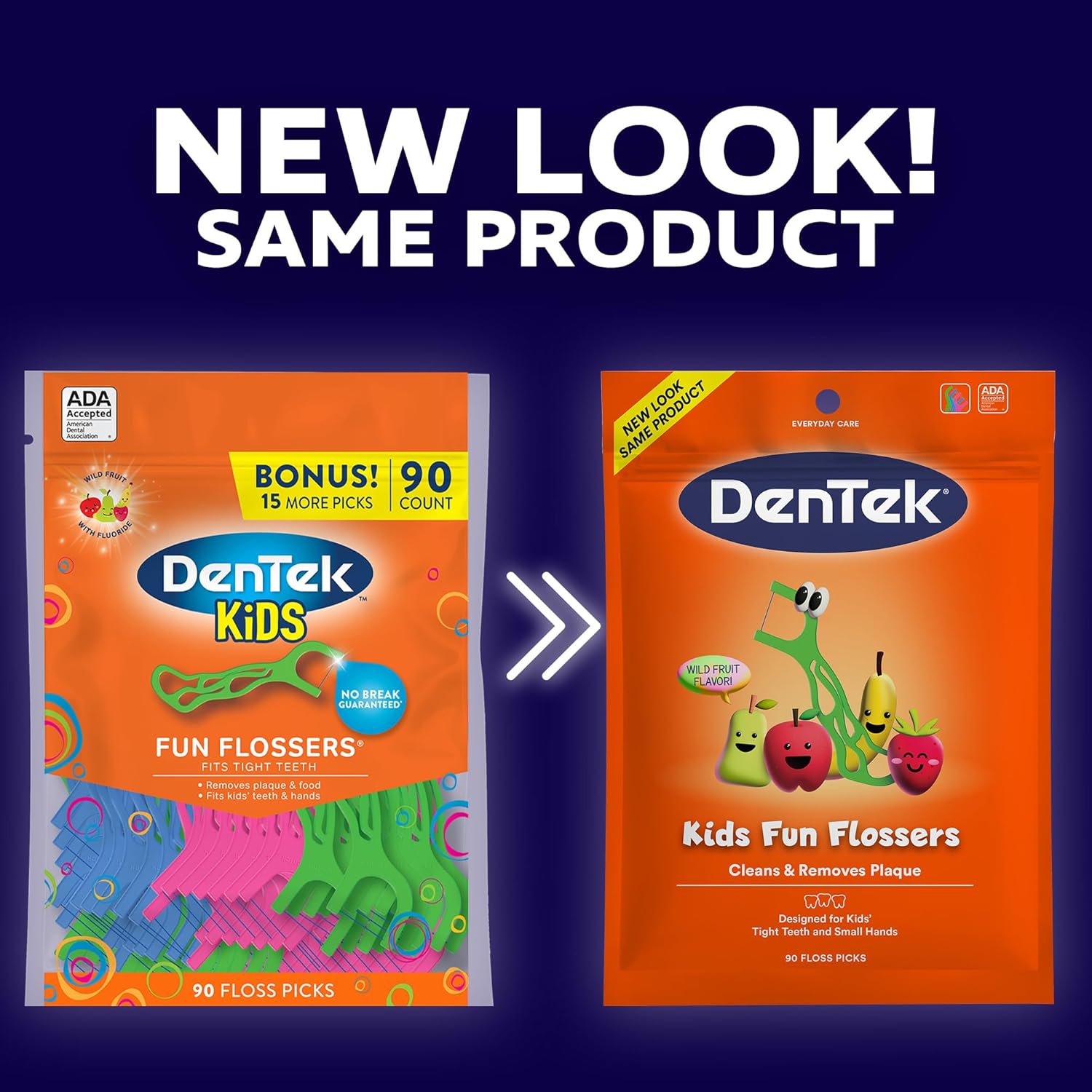 DenTek Fun Flossers - Palillos de hilo dental para niños con sabor a fruta silvestre, 90 unidades
