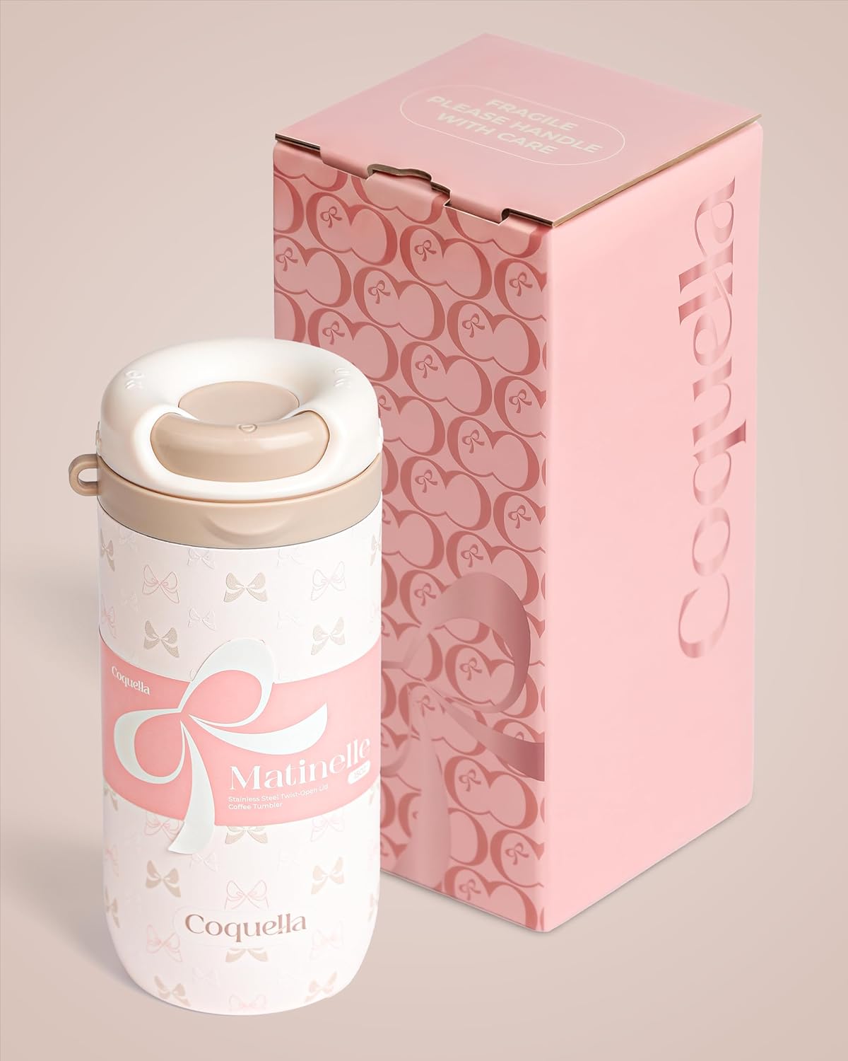 Vaso de café de acero inoxidable de 15 onzas con tapa abierta giratoria, taza de viaje aislada para café helado, infusión fría y bebidas calientes, a prueba de fugas, sin BPA, apto para portavasos, crema con lazo