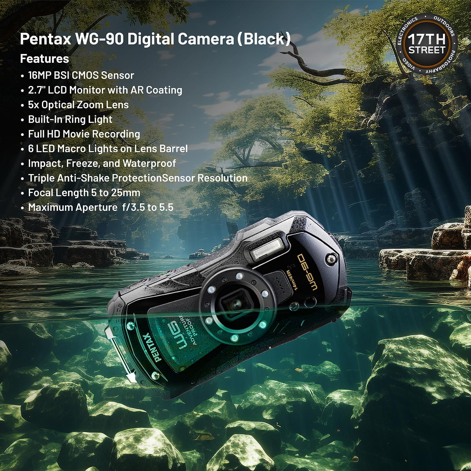 Pentax WG-90 防水デジタルカメラ(ブラック) | 2.7インチLCDモニター 32GB Extreme UHS-I SDHCメモリーカードとWaith Cameraストラップ付き(イエロー)(必須バンドル)