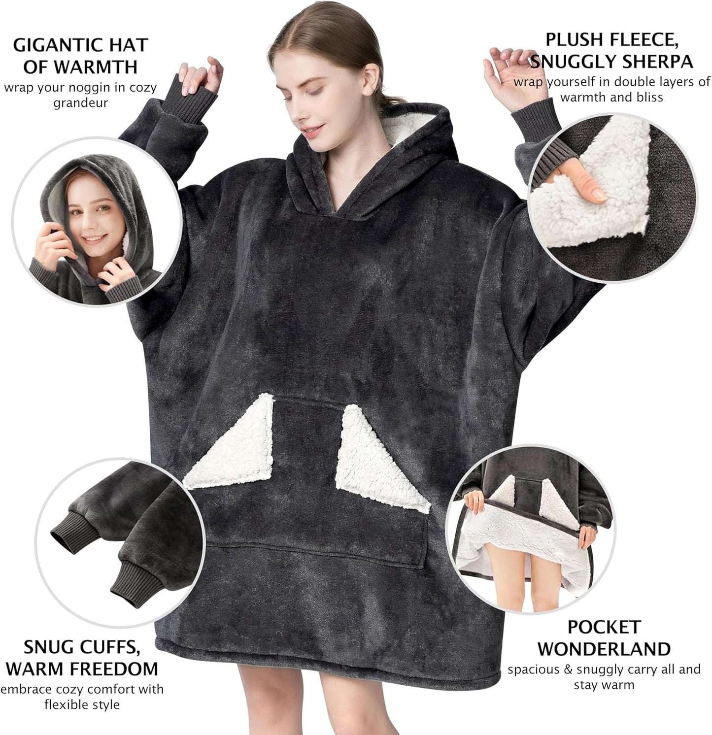 Touchat - Manta con capucha portátil, sudadera con capucha de forro polar sherpa de gran tamaño con bolsillo gigante y mangas para adulto, regalo de manta gris cálida y acogedora para mujeres