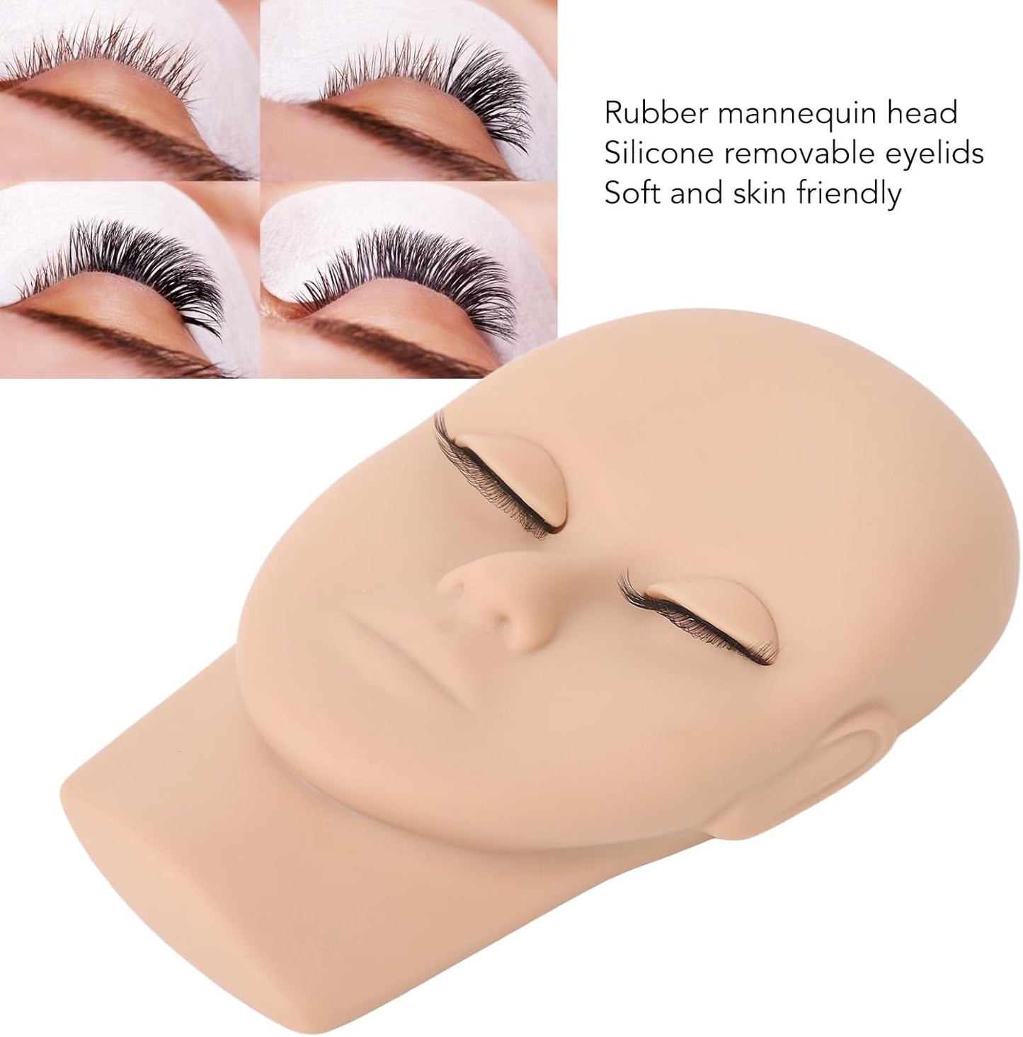 3D Simulated Face Double Eyelashes, Rubber and Silicone, Lash Mannequin Head, Beginner Eyelash Extensions, Reusable, Make Up, Facial, Massage, Acupuncture, 6.9 x 4.25 Inches (Light Brown)