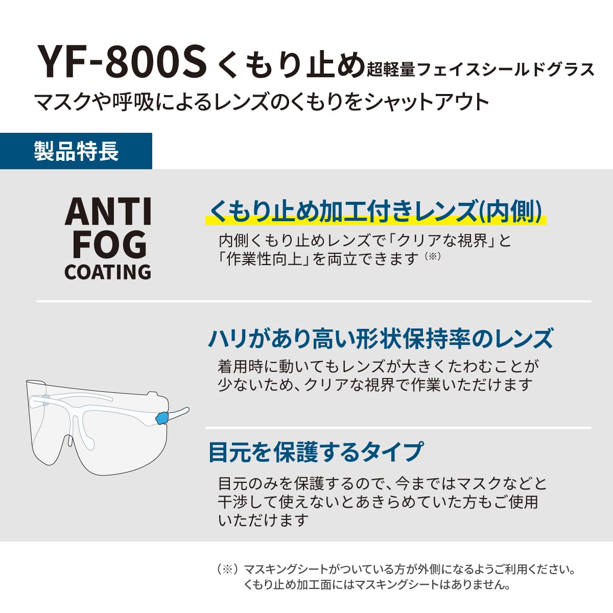 山本光学 フェイスシールド グラス YF-800S スタンダードモデル メガネ型 本体セット(フレーム1本+レンズ3枚入り) くもり止め加工 超軽量 医療用 眼の周辺を保護 眼鏡/マスク併用可 日本製