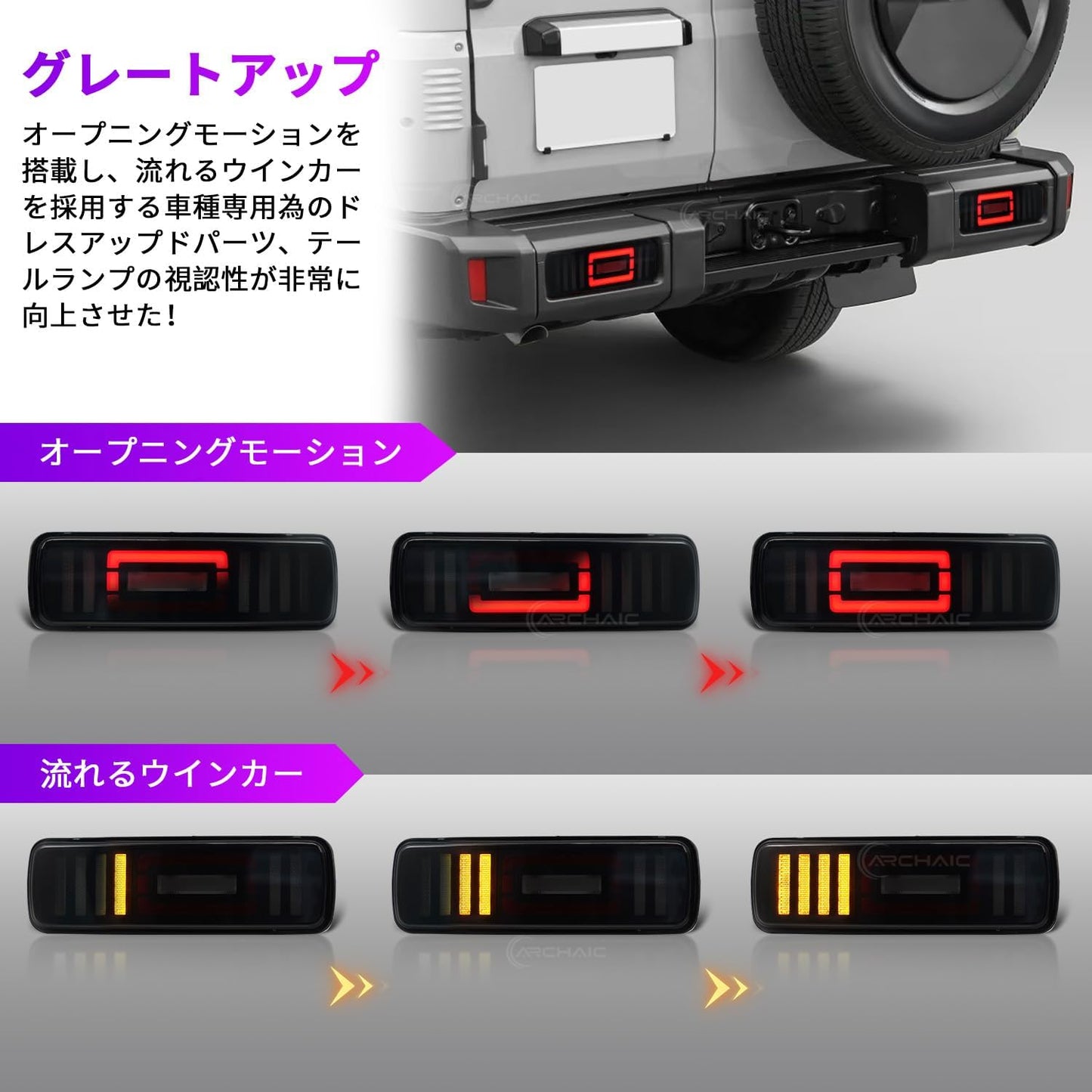 Archaic Toyota Land Cruiser 70 Rear Bumper Lamp with Full LED Tail Light Flowing Turn Signal Opening Action Genuine Replacement Pong Smoke Lens (Fits 2024-2025)