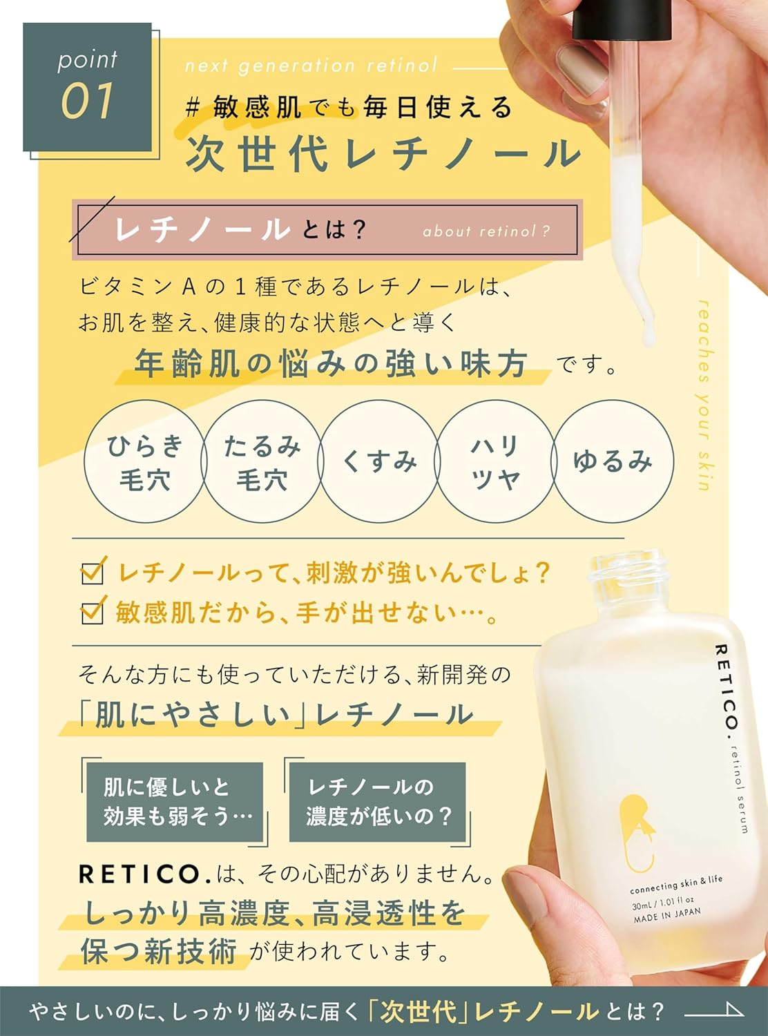 RETICO EW Essence I Next Generation Retinol Serum, Made in Japan, Sensitive Skin, High Penetration, Pores, Dullness, Haritsuya