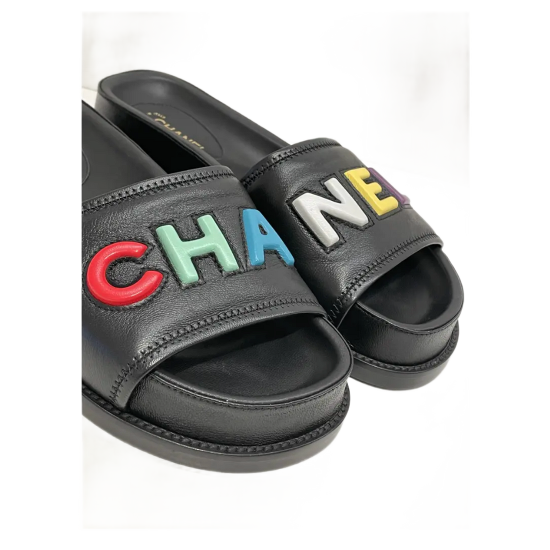 CHANEL 22S 'CHA-NEL' RAINBOW LOGO LAMBSKIN MULES
