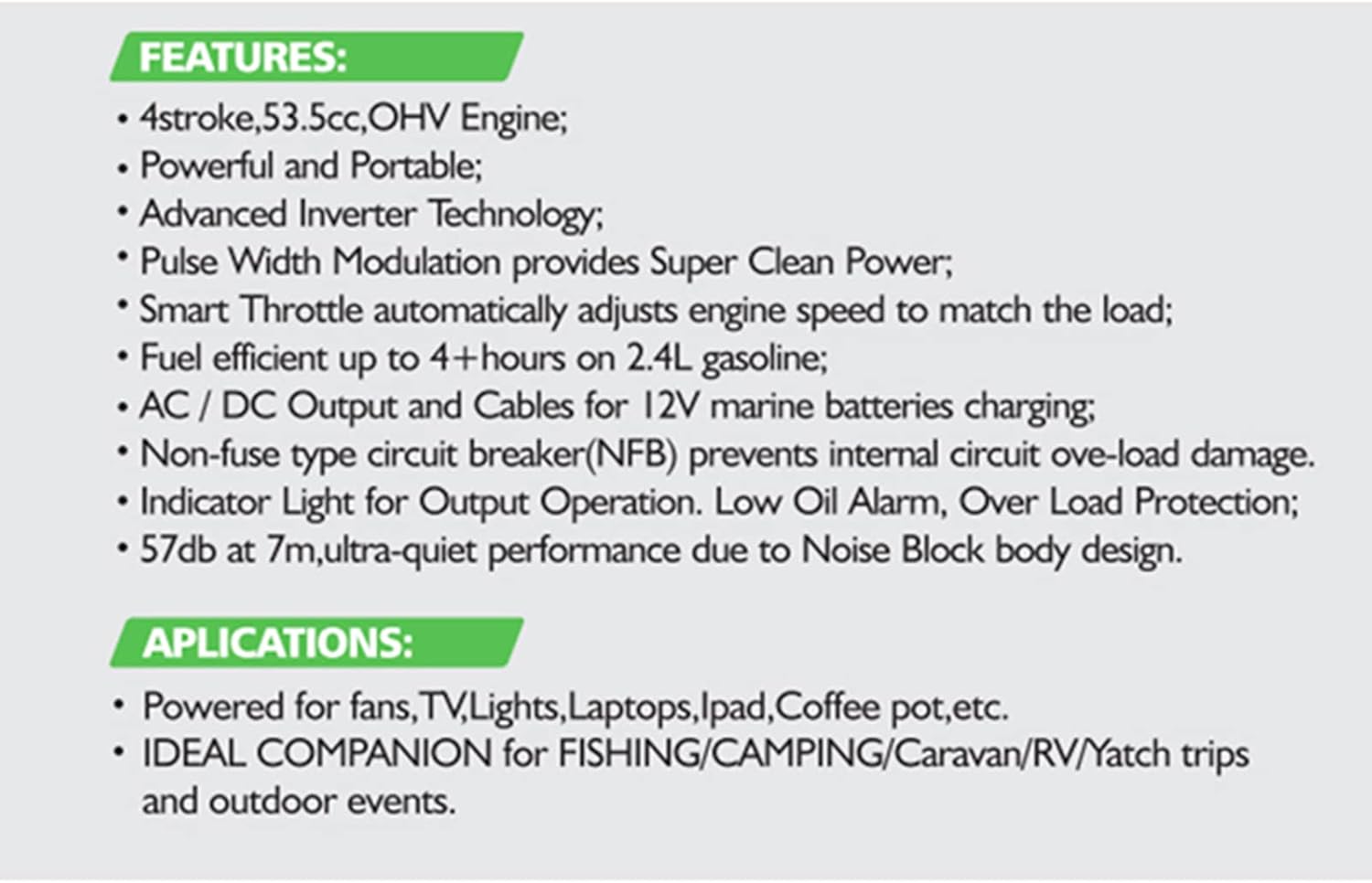 Portable 1000W Silent Inverter Gasoline Silent Generator for Home Camping