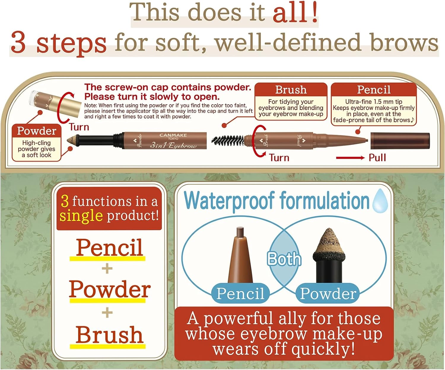 CANMAKE TOKYO 3 in 1 Eyebrow 02 Ash Brown Pencil Eyebrow Powder Eyebrow with Brush