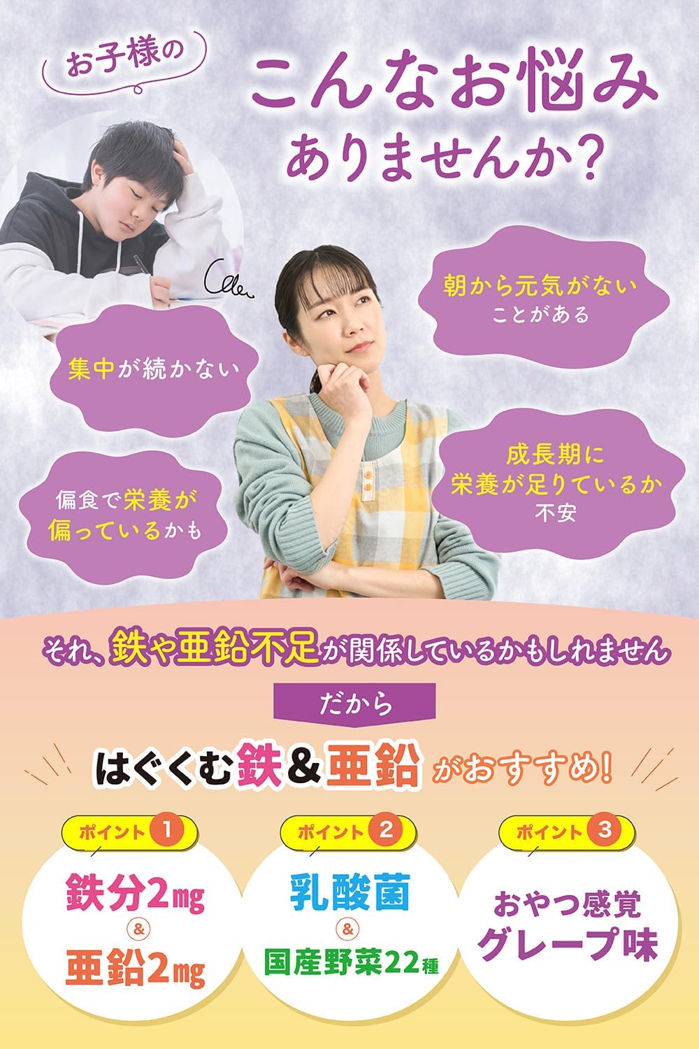 TONY こども鉄＆亜鉛チュアブル 鉄2mg 亜鉛2mg カルシウム マグネシウム ビタミンC DHA配合 おいしいグレープ味 偏食対策 成長期サポート 国内製造 30日分