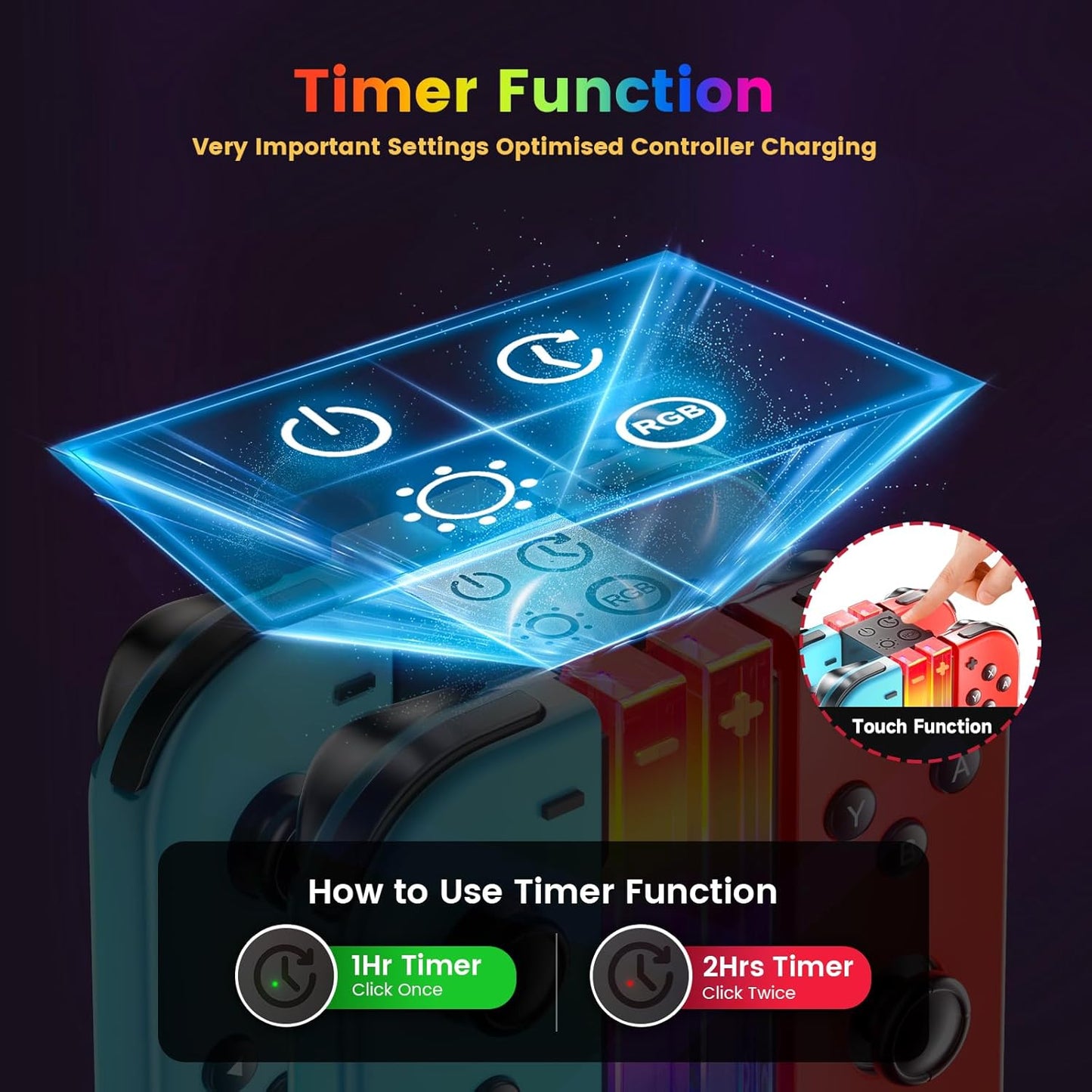 Switch & Switch 2024 New Model for Organic EL Joy-Con Charging Stand, RGB Light, 6 Modes Switching, Timing Function, Overcharge Prevention, USB-C Cable Included