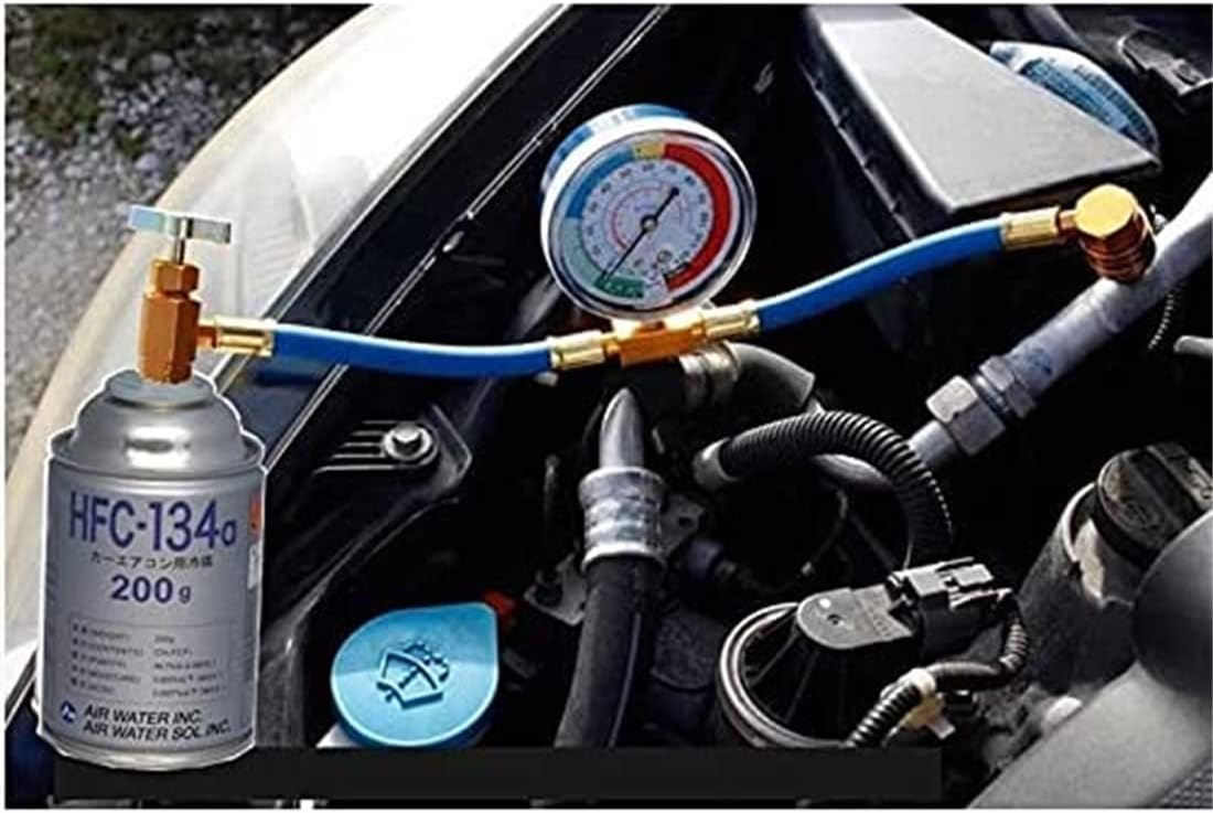 Car Air Conditioner Gas Charge Hose (15.7 inches (40 cm) with Meter, R134a and Refrigerant for Car Air Conditioners, HFC-134a Set, Japanese Instruction Manual Included (English Language Not Guaranteed) (1 Gas Charge Hose + Refrigerant Gas Can Set)
