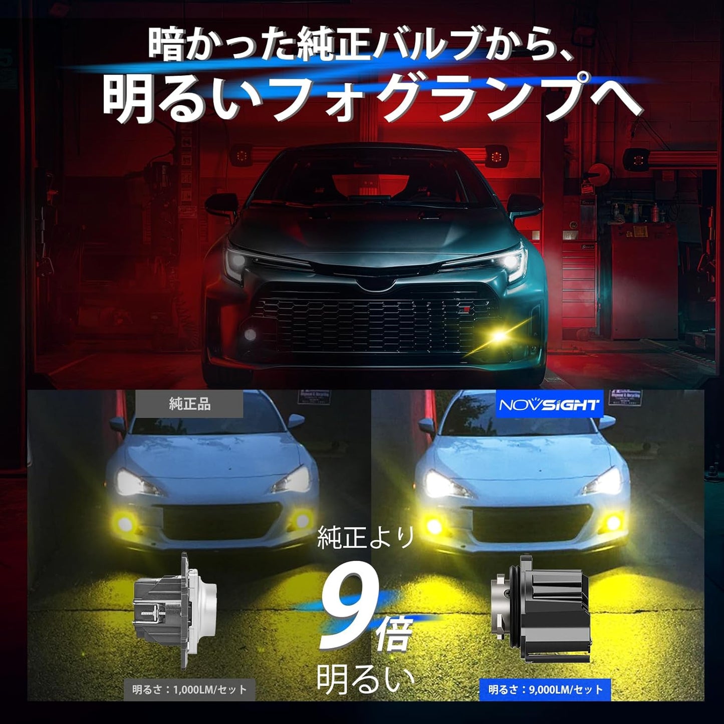 Novsight L1B LED Fog Lamp, White (9000 LM/6,500k), Memory Function, Vehicle Inspection Compatible, DC 9-18 V, 2 Sets Included, New Model Genuine LED, Explosion, Replacement Bulb, Custom Parts for