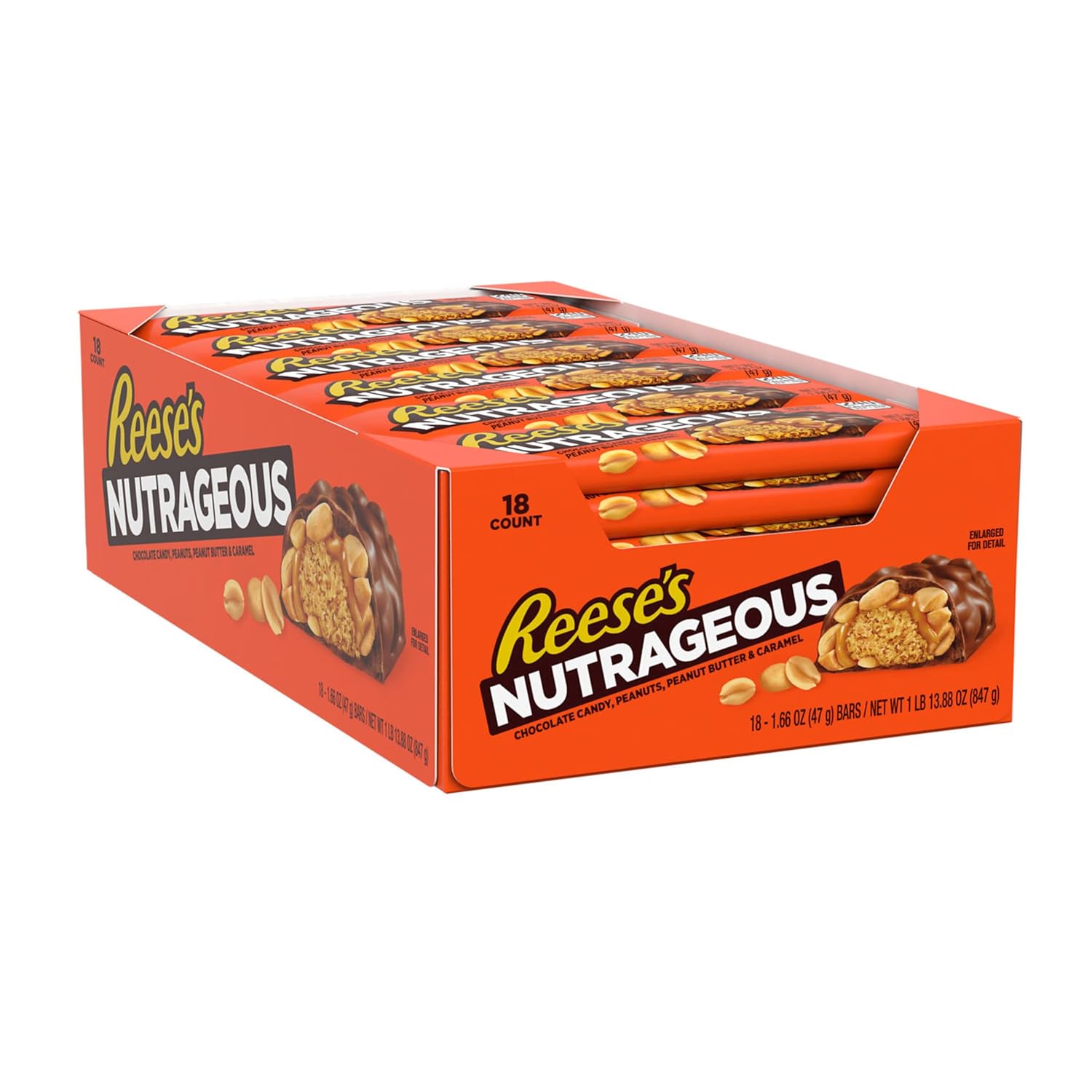 Barritas de caramelo de chocolate, mantequilla de maní, caramelo y maní REESE'S NUTRAGEOUS, 1.66 onzas (paquete de 18)