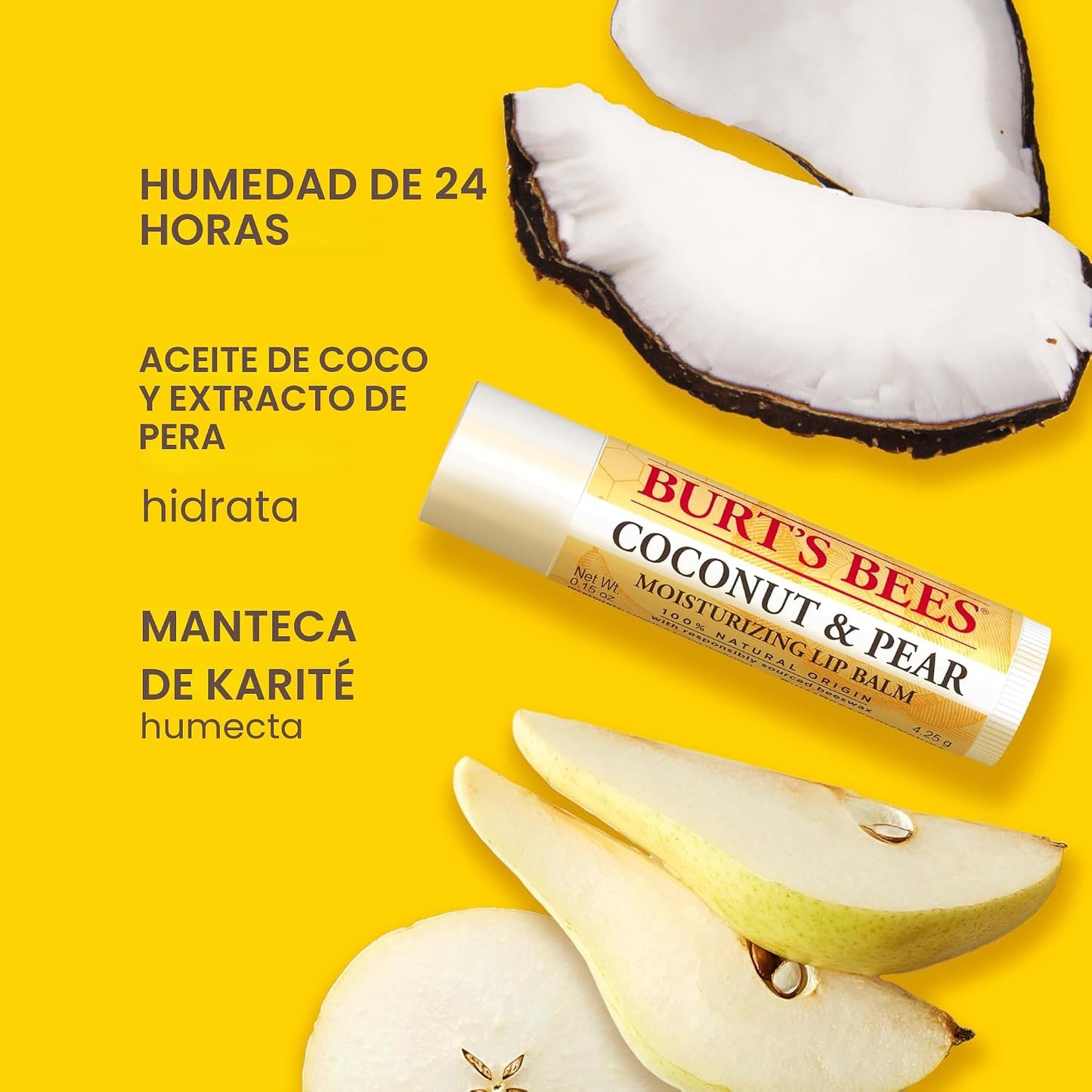 Burt's Bees - Bálsamo labial, protector labial hidratante, para hidratación durante todo el día, 100 % natural, Tropical, piña, bayas con agua fresca, fruta del dragón y coco y pera (paquete de 4)