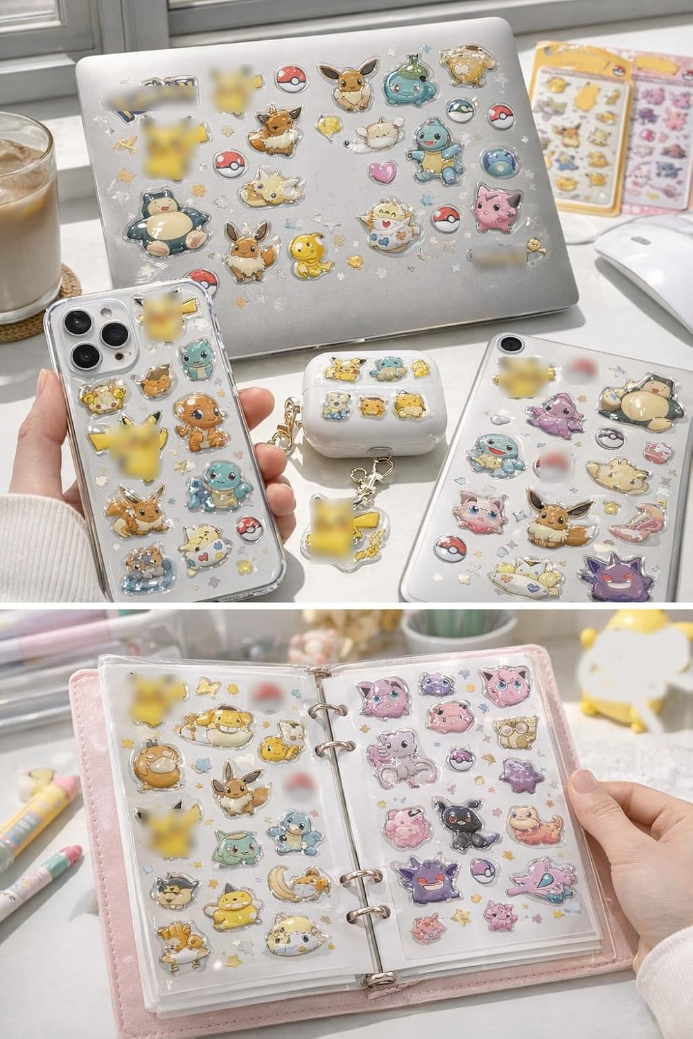 ぼんほんドロップシール キャラクター ポケ シール モン 3D立体 キラキラ ステッカー グッズ 可愛い デコシール 貼り付け DIY用 手帳用 プレゼント (4枚セット-C) [並行輸入品]