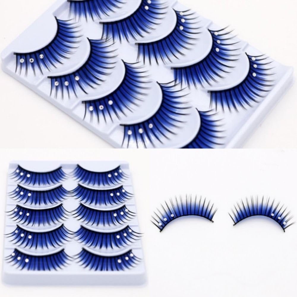 5 Pairs Glitter Eyelashes 3D Blue Cosplay Anime Eyelashes Rhinestone Paiki 13mm Blue Dramatic Cartoon Eyelashes Party Stage Makeup Eyelashes Black Stem