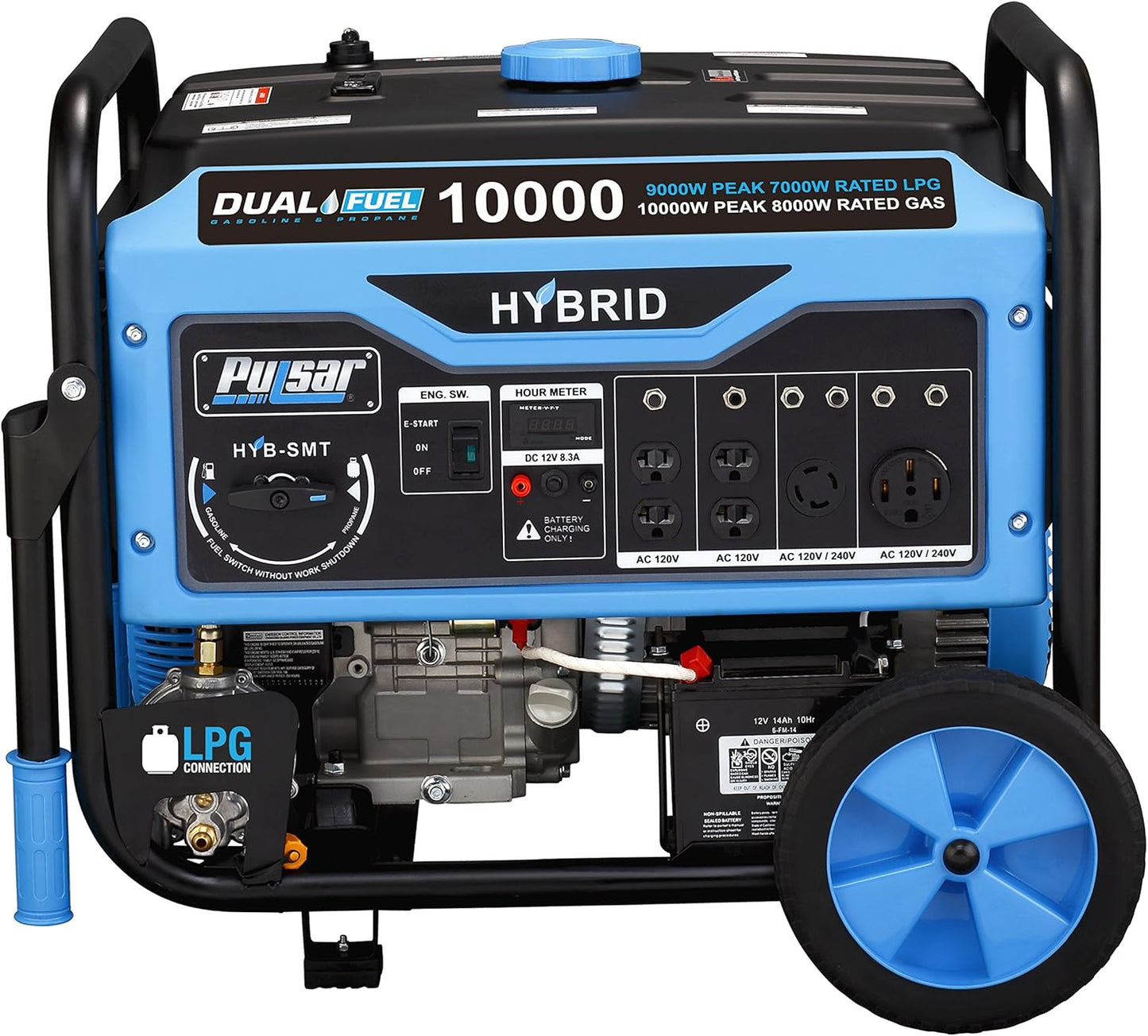 Pulsar PG10000B16 Portable Dual Fuel Generator - 8000 Rated 1000 Peak Watts - Built in Gas & LPG Electric Start Switch & Go, RV Ready CARB Compliant, 10,000W, Black