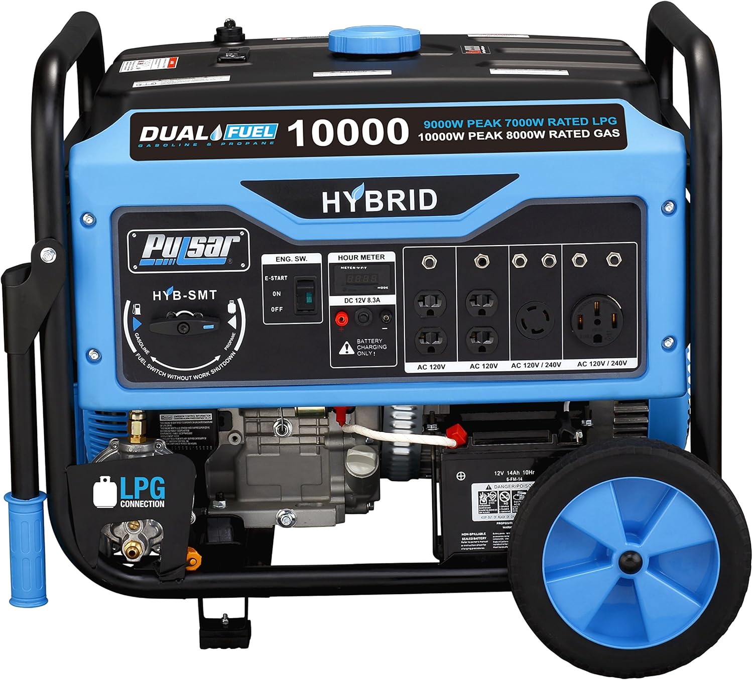 Pulsar PG10000B16 Portable Dual Fuel Generator - 8000 Rated 1000 Peak Watts - Built in Gas & LPG Electric Start Switch & Go, RV Ready CARB Compliant, 10,000W, Black