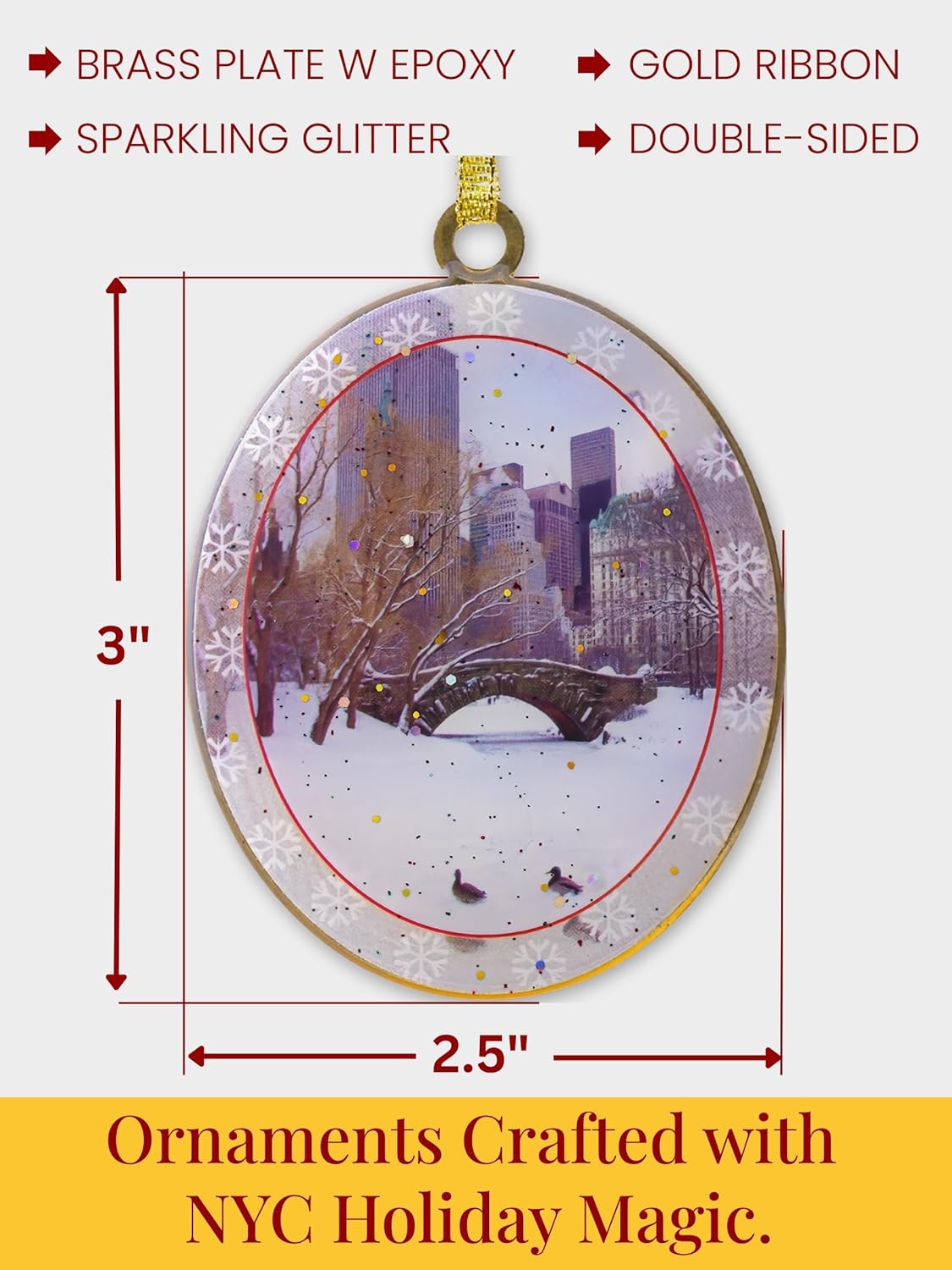 Adorno Love Bridge in Central Park Winter New York, coleccionable de Navidad de Nueva York, latón de doble cara con purpurina y epoxi, caja de regalo, 2.5 x 3 pulgadas por ArtMalore