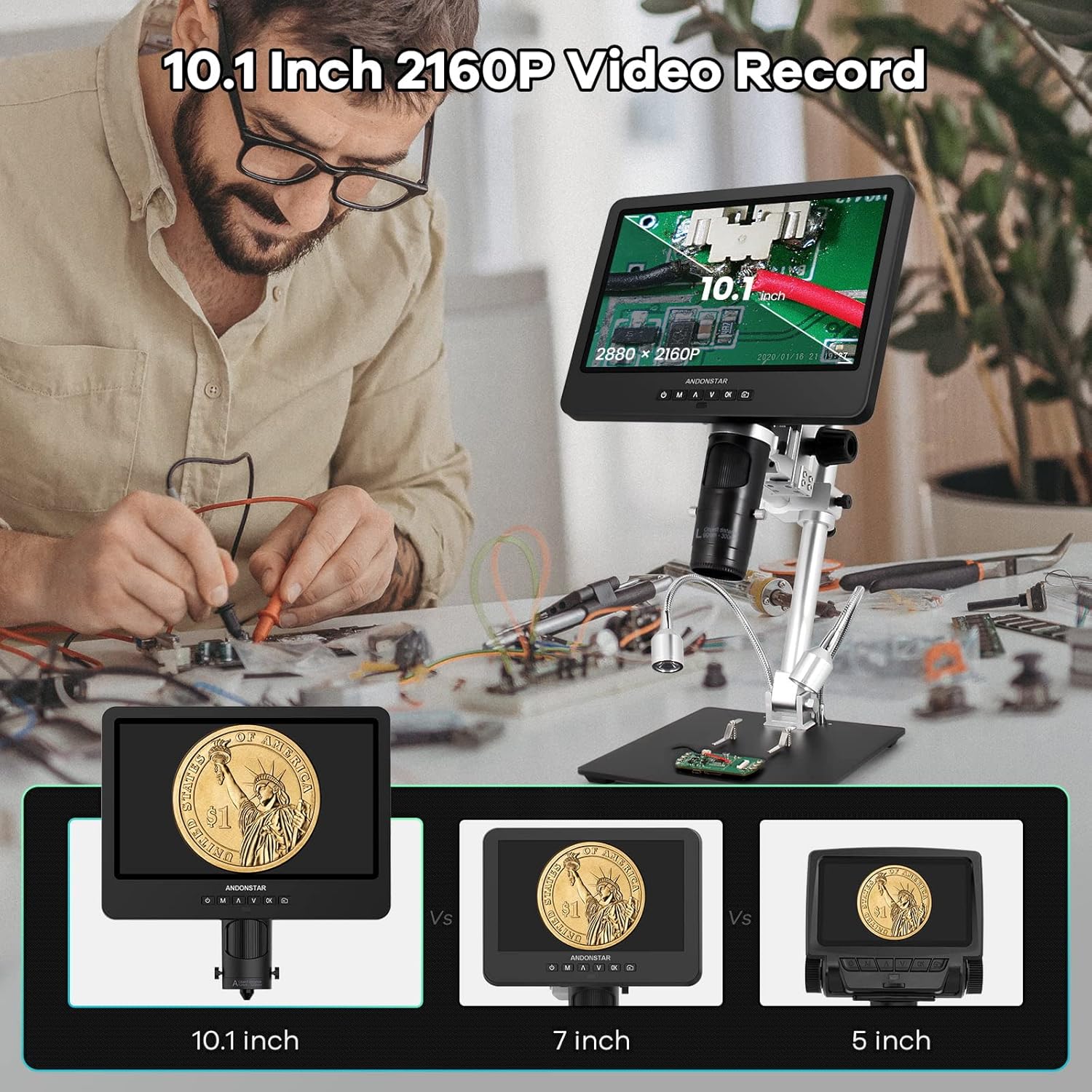 Andonstar AD249S HDMI Digital Microscope with 10.1" Screen, Soldering Microscope with Metal Stand, 2000X 3 Lens Coin Microscope Kit for Kids and Adults, Photo/Video Recording, Windows Compatible