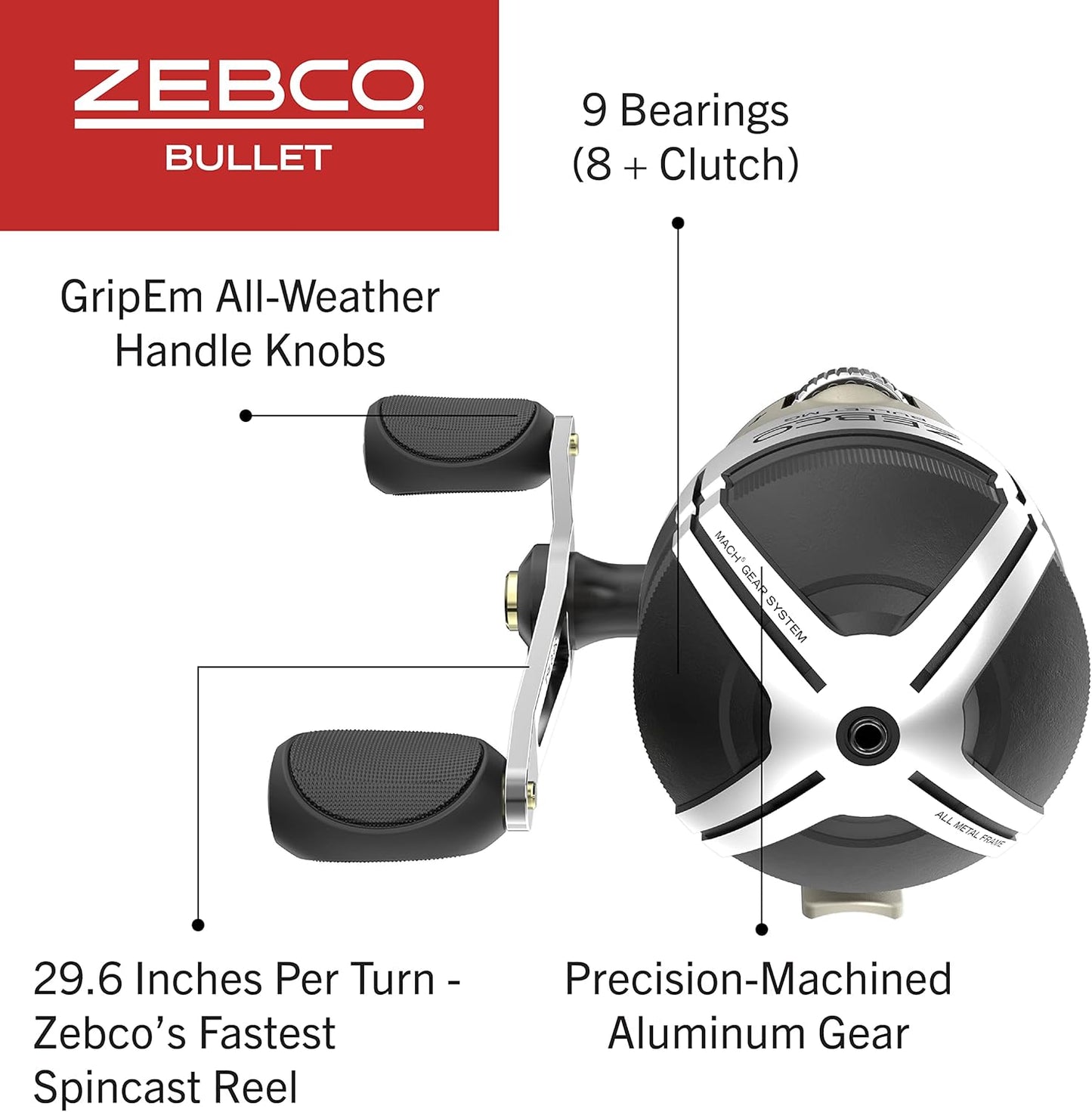 Zebco Bullet MG Spincast Fishing Reel Size 30 Reel Ultra Light Magnesium Body Changeable Right or Left Hand Oversized Non-Slip Handle Knob, Dark Silver